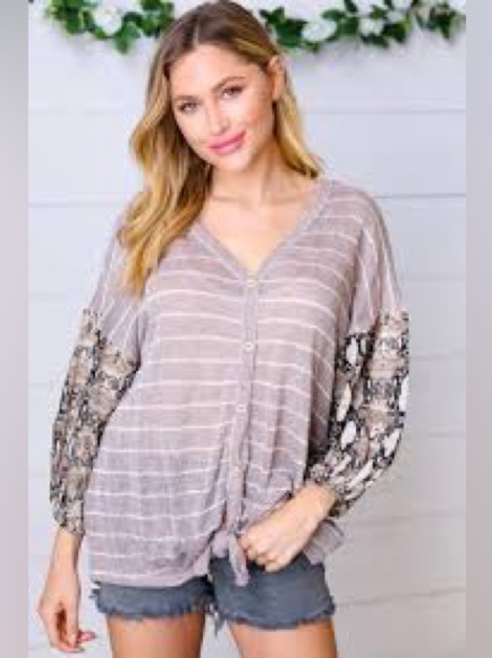 152 Oddi Taupe Stripe Tie Front Snakeskin Print 3/4 Top